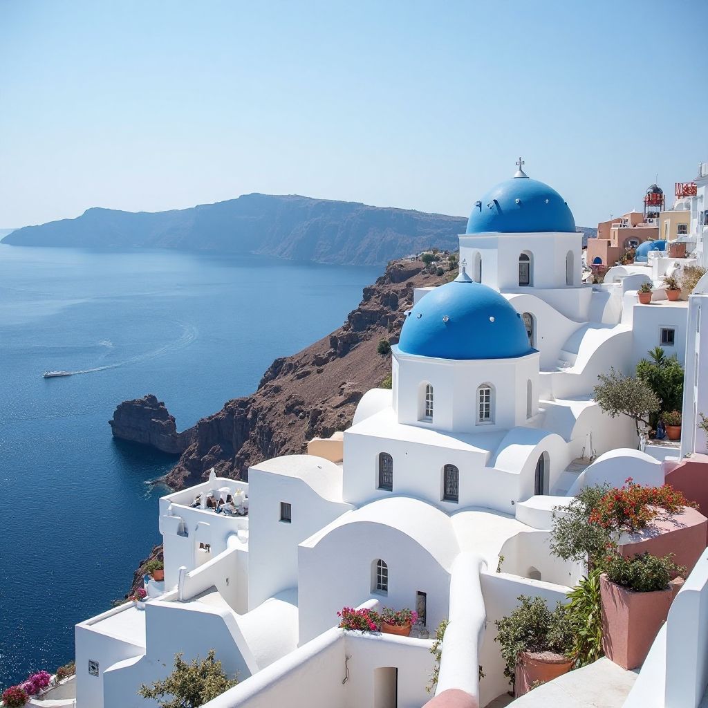White buildings of Santorini with blue domes